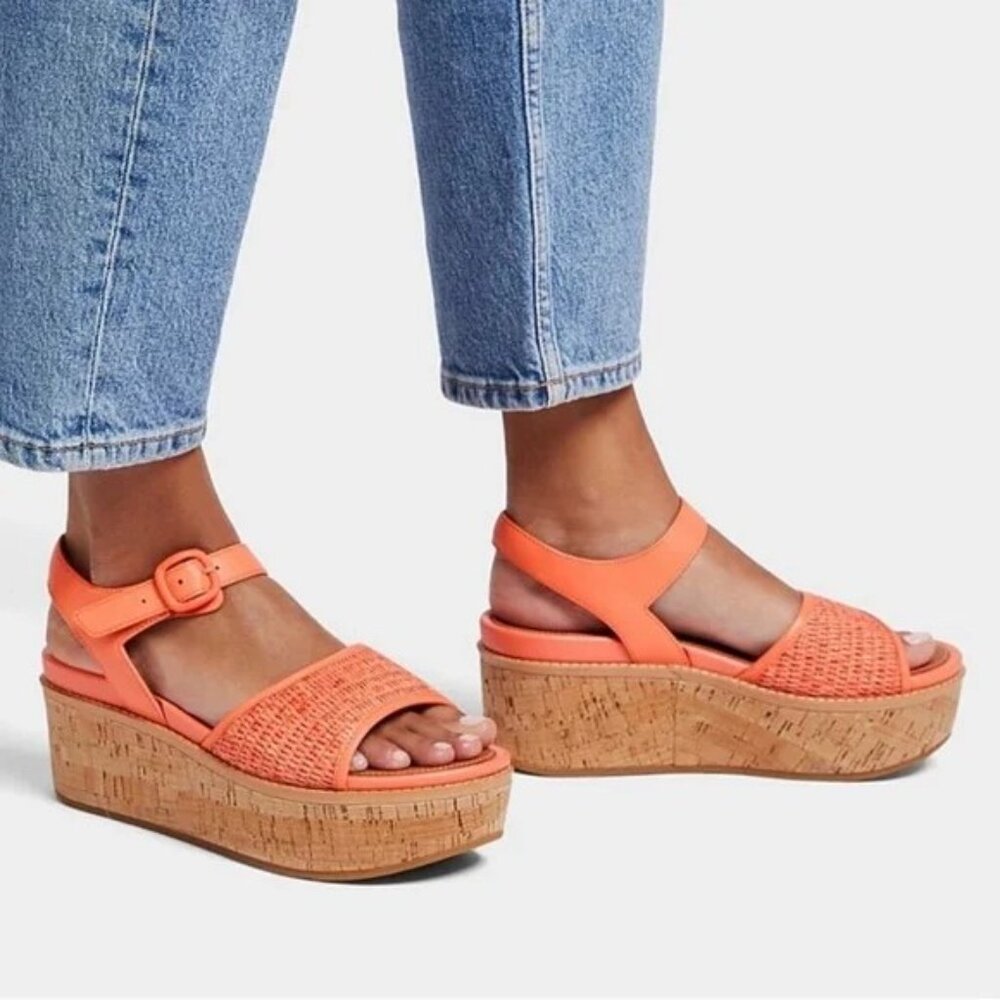 Fitflop Eloise Cork Wrap Woven Women’s Sunshine Coral Wedge Sandals size 9 NIB